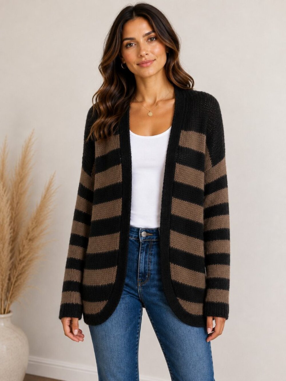Wooden Ships Sweater Women M/L Black Brown Striped Open Cardigan Paola Buendia
